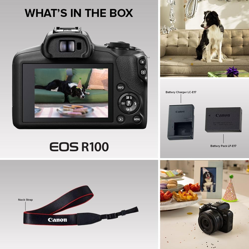 Canon EOS R100 Mirrorless Camera, RF Mount, 24.1 MP, DIGIC 8 Image Processor, Continuous Shooting, Eye Detection AF, Full HD Video, 4K, Small, Lightweight, Wi-Fi, Bluetooth, Content Creation