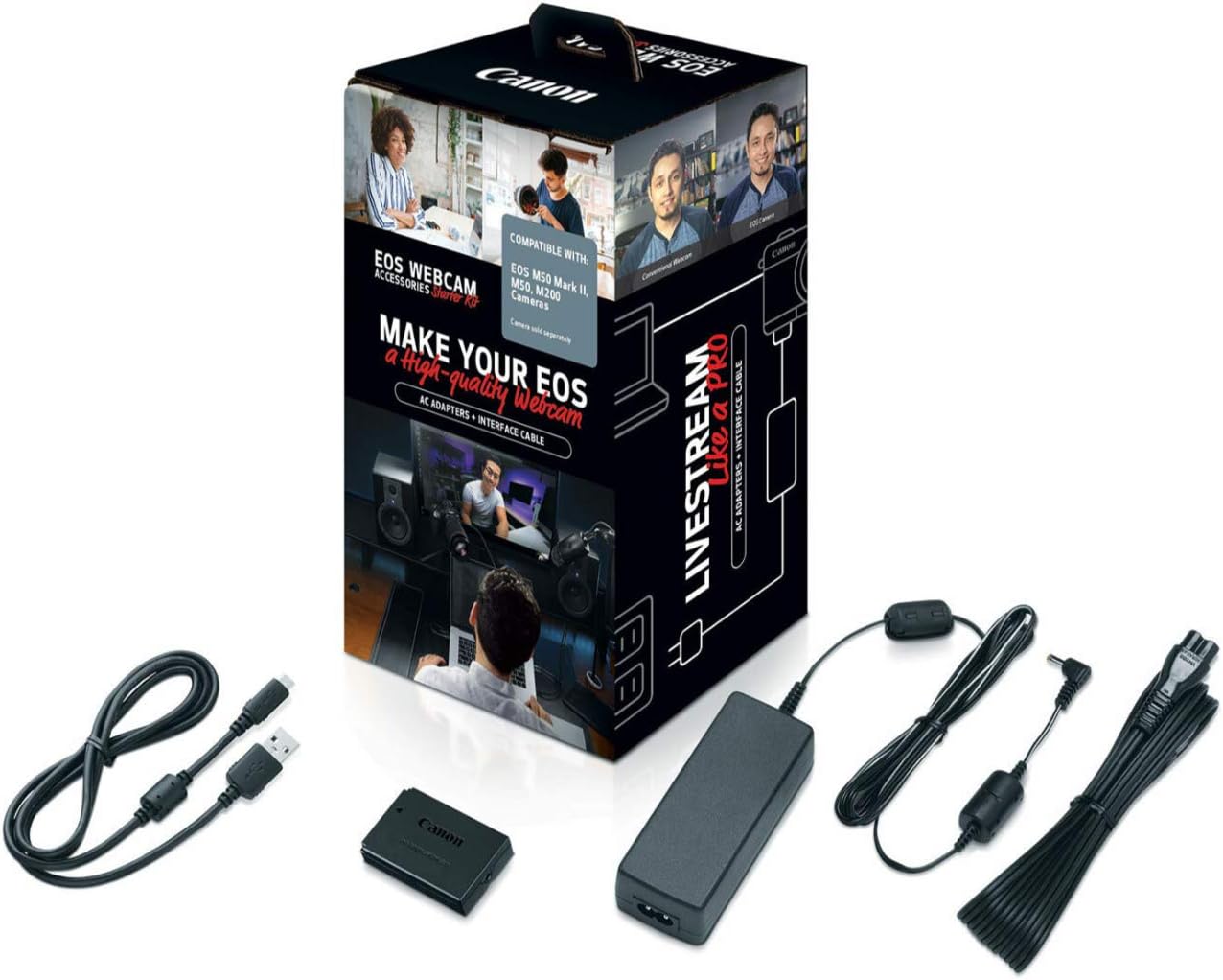 Canon EOS Webcam Accessory Starter Kit, for Select EOS M Series Cameras, Power Adapter CA-PS700, DC Coupler DR-E12, USB Cable IFC-600PCU, High-Performance Live Streaming, Teaching & Content Creators