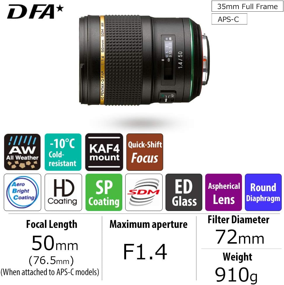 Pentax HD PENTAX-D FA50mmF1.4 SDM AW Single-focus standard lens New-generation, Star-series lens Extra-sharp, high-contrast images Free of flare and ghost images, Black