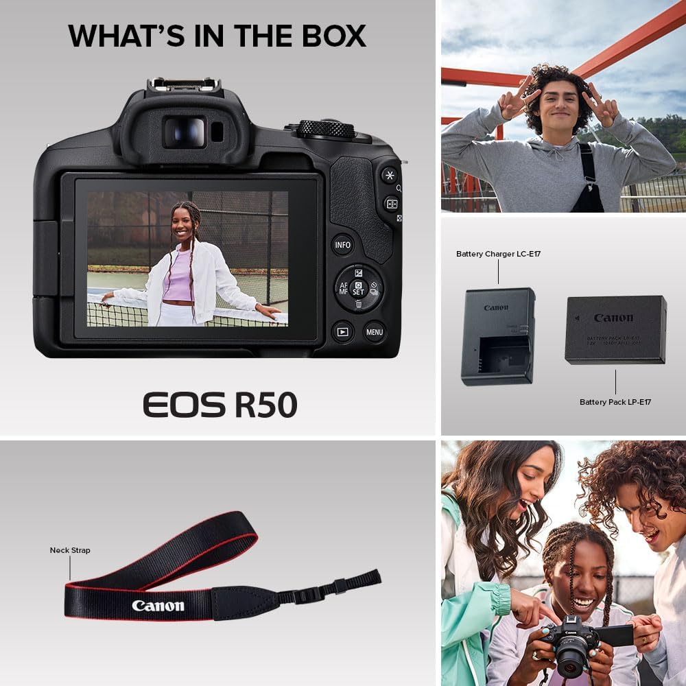 Canon EOS R50 Mirrorless Vlogging Camera (Body Only/Black), RF Mount, 24.2 MP, 4K Video, DIGIC X Image Processor, Subject Detection & Tracking, Compact, Smartphone Connection, Content Creator