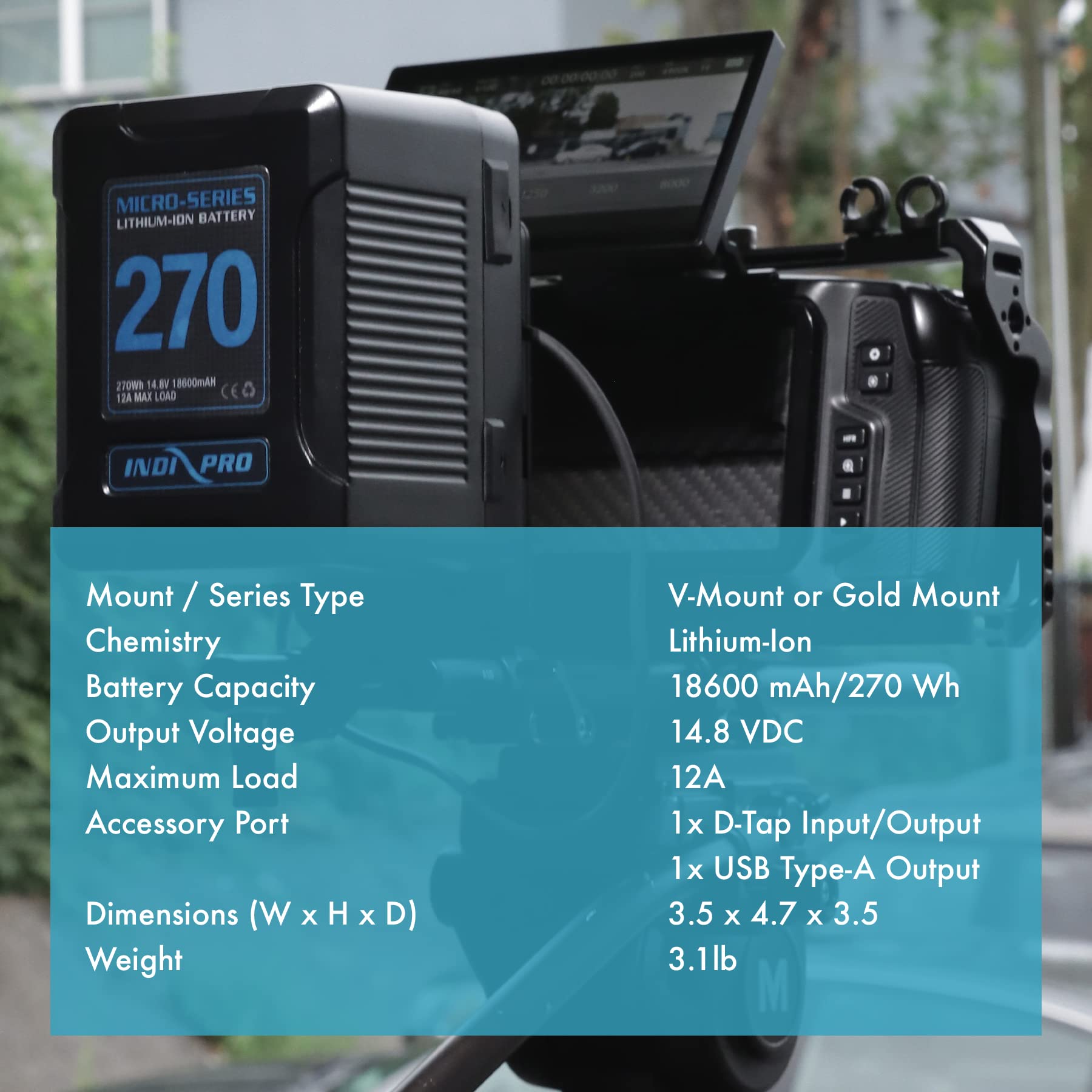 IndiPRO Micro-Series 270Wh 14.8V V-Mount Li-Ion Battery | Maximum 12A Continuous Draw | Single 14.8V D-Tap Output|USB Power Output| 5-LED Power Gauge | Designed for Pro Video Cameras & Lights