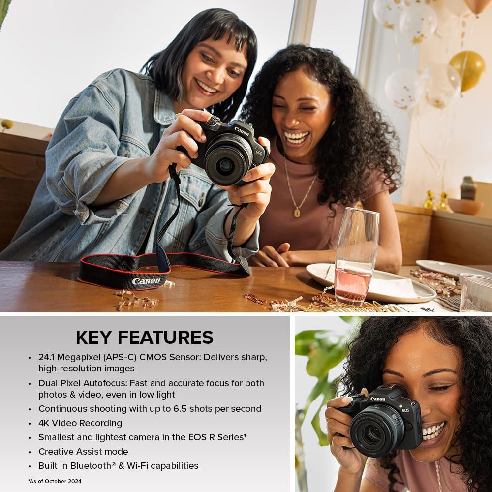 Canon EOS R100 Mirrorless Camera, RF Mount, 24.1 MP, DIGIC 8 Image Processor, Continuous Shooting, Eye Detection AF, Full HD Video, 4K, Small, Lightweight, Wi-Fi, Bluetooth, Content Creation