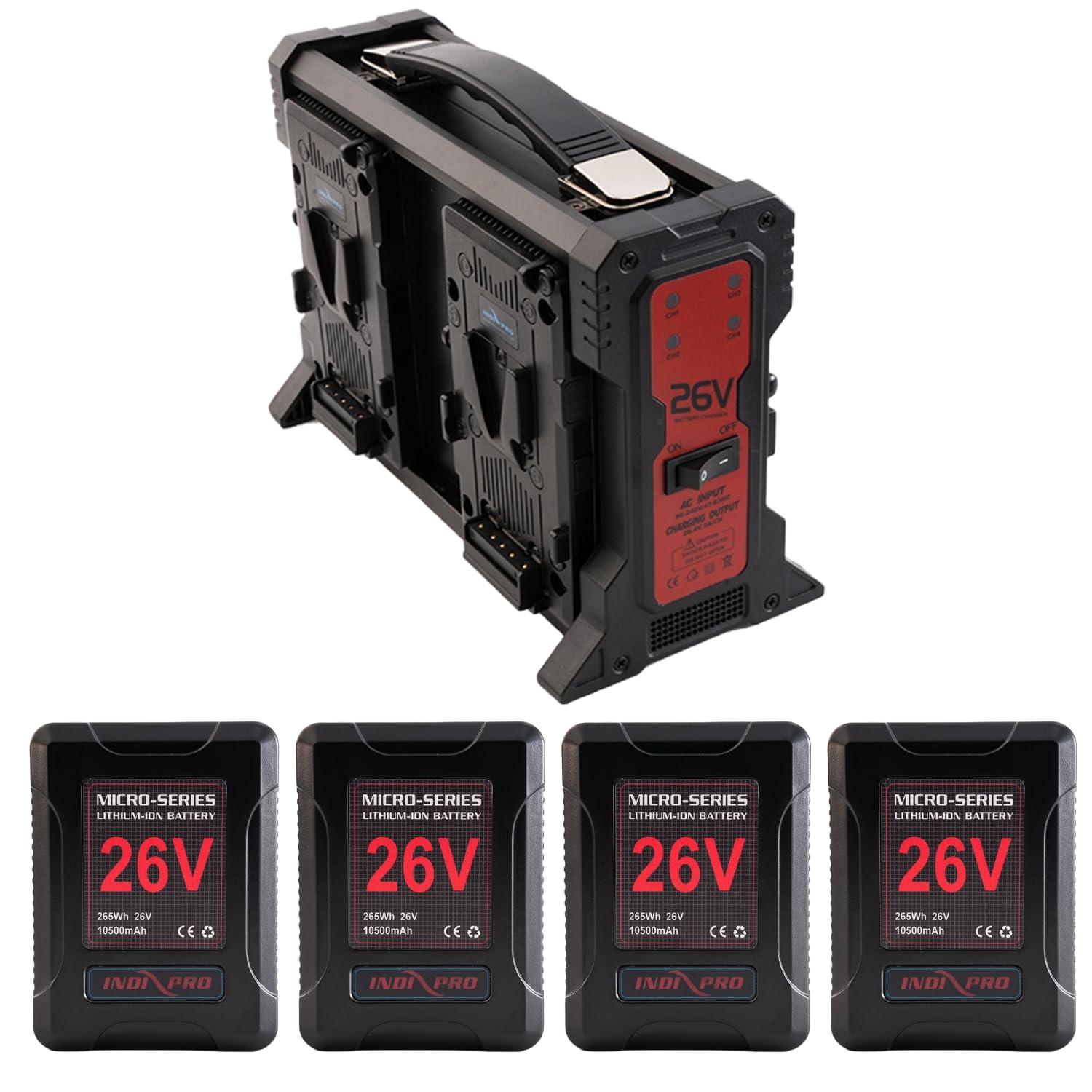 IndiPRO Micro-Series 26V 260Wh 4-Battery Kit with Quad Charger (V-Mount)
