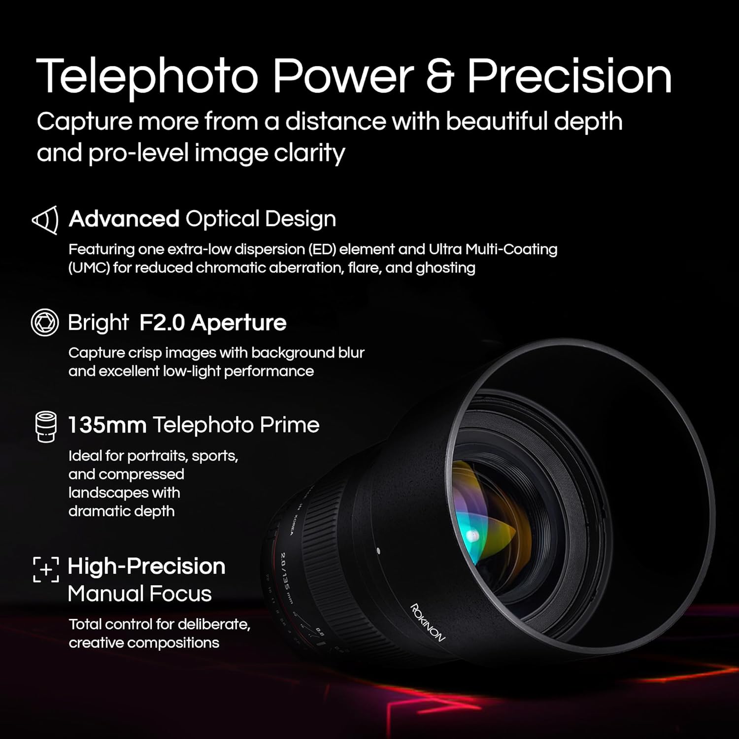 Rokinon 135mm F2.0 ED UMC Telephoto Lens for Canon EF – Full Frame Compatible, Ultra Multi-Coated, Manual Focus, Removable Lens Hood, Ideal for Portraits & Low-Light Photography