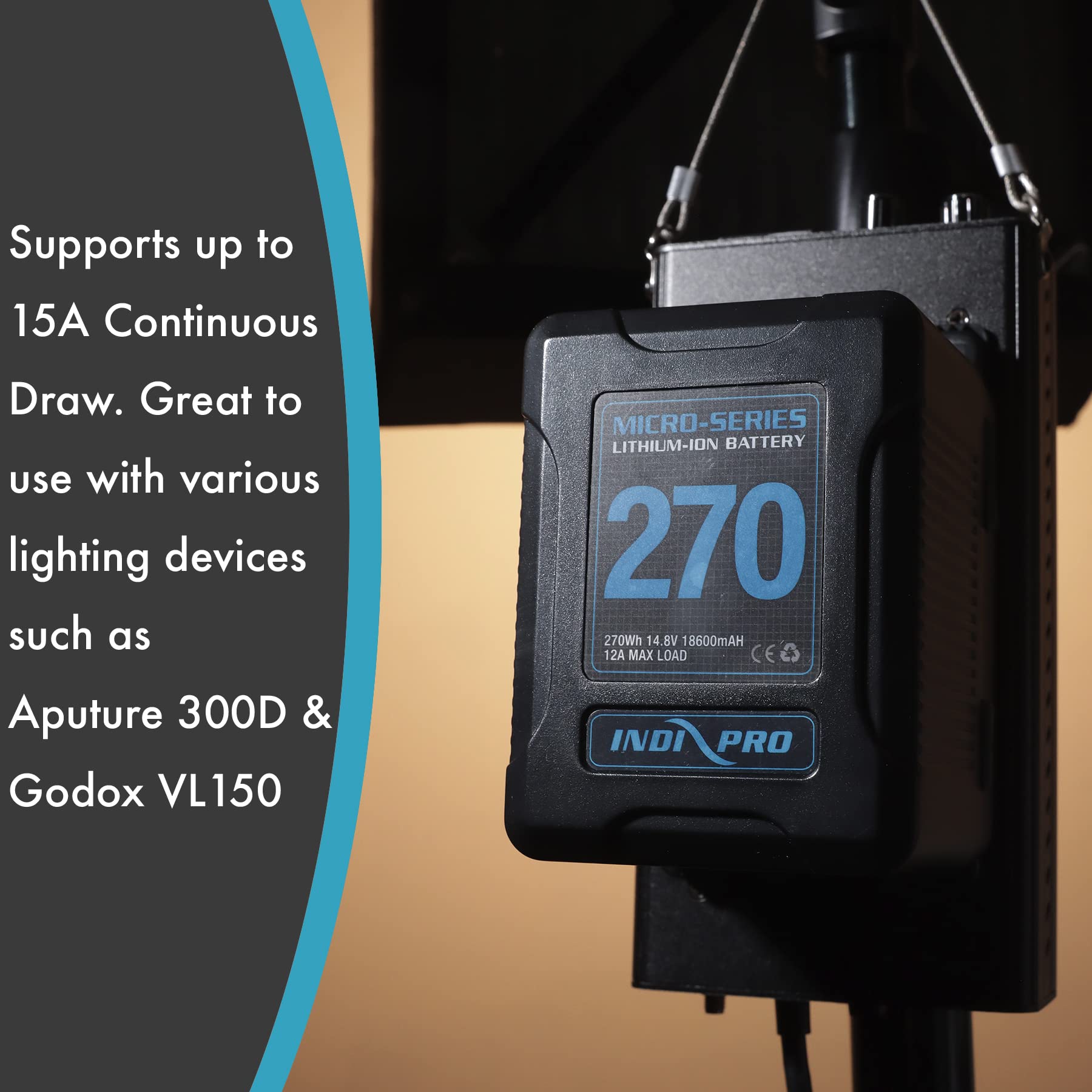 IndiPRO Micro-Series 270Wh 14.8V V-Mount Li-Ion Battery | Maximum 12A Continuous Draw | Single 14.8V D-Tap Output|USB Power Output| 5-LED Power Gauge | Designed for Pro Video Cameras & Lights