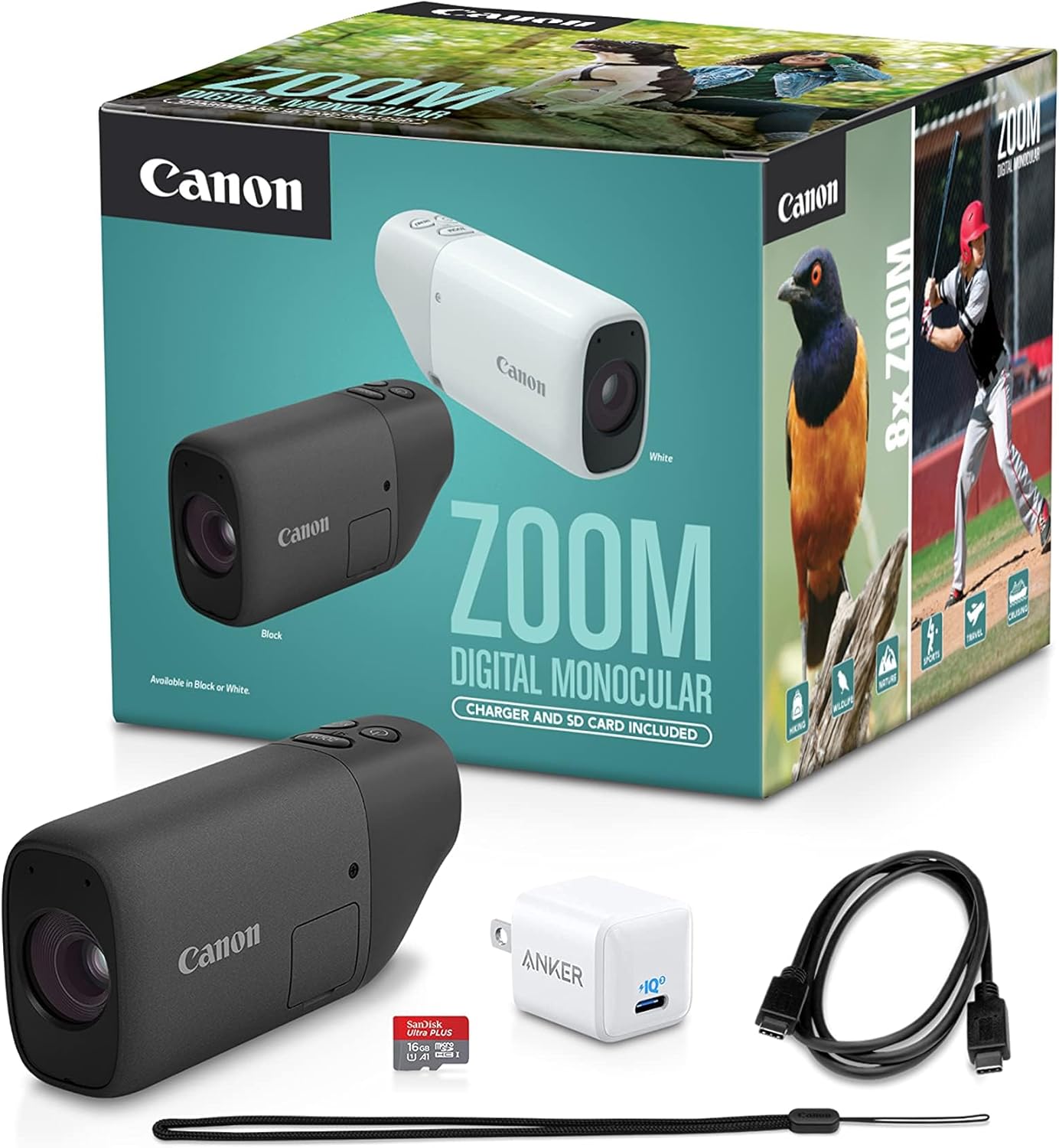 Canon ZOOM Digital Monocular Kit with USB-C Charger, microSD Card, PowerShot Zoom, 400mm Optical Zoom, 800mm Digital Zoom, Bird Watching, Wildlife, Sports Watching, Traveling, Hiking, Black