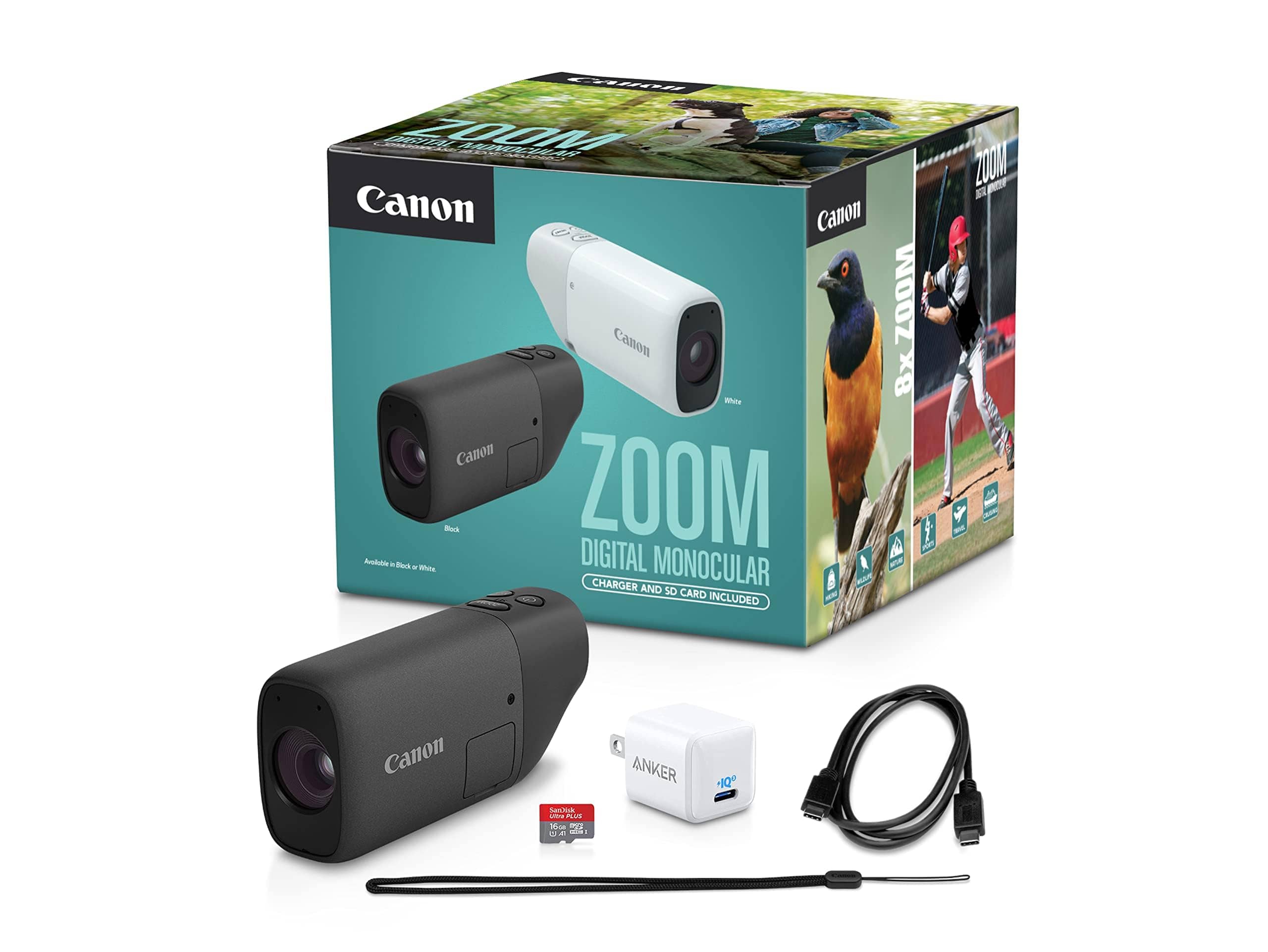 Canon Zoom Digital Monocular Kit with USB-C Charger, microSD Card, PowerShot Zoom, 400mm Optical Zoom, 800mm Digital Zoom, Bird Watching, Wildlife, Sports Watching, Traveling, Hiking, White