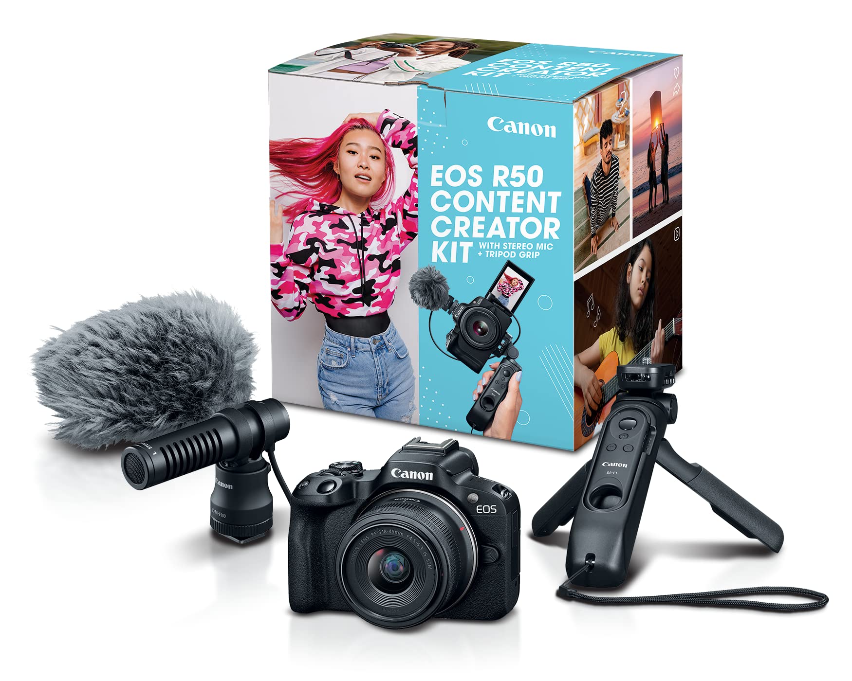 Canon EOS R50 Vlogging Creator Kit, Hybrid Mirrorless Camera with RF-S10-18mm F4.5-6.3 IS STM Lens and Tripod Grip, Wide-angle Lens, 24.2 MP CMOS (APS-C) Sensor, Vlogging Camera, Black