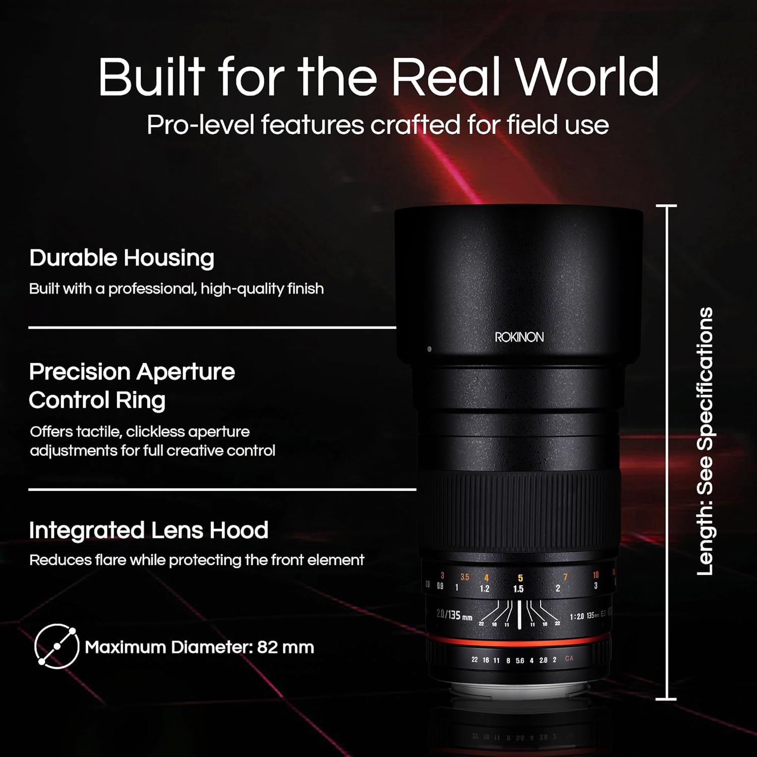 Rokinon 135mm F2.0 ED UMC Telephoto Lens for Canon EF – Full Frame Compatible, Ultra Multi-Coated, Manual Focus, Removable Lens Hood, Ideal for Portraits & Low-Light Photography