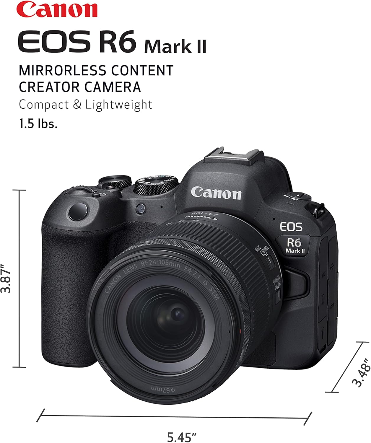 Canon EOS R6 Mark II Mirrorless Camera RF24-105mm F4-7.1 is STM Lens Kit, Full-Frame Hybrid Camera, 24.2 Megapixel CMOS Sensor, Photo and Video Capabilities, Black