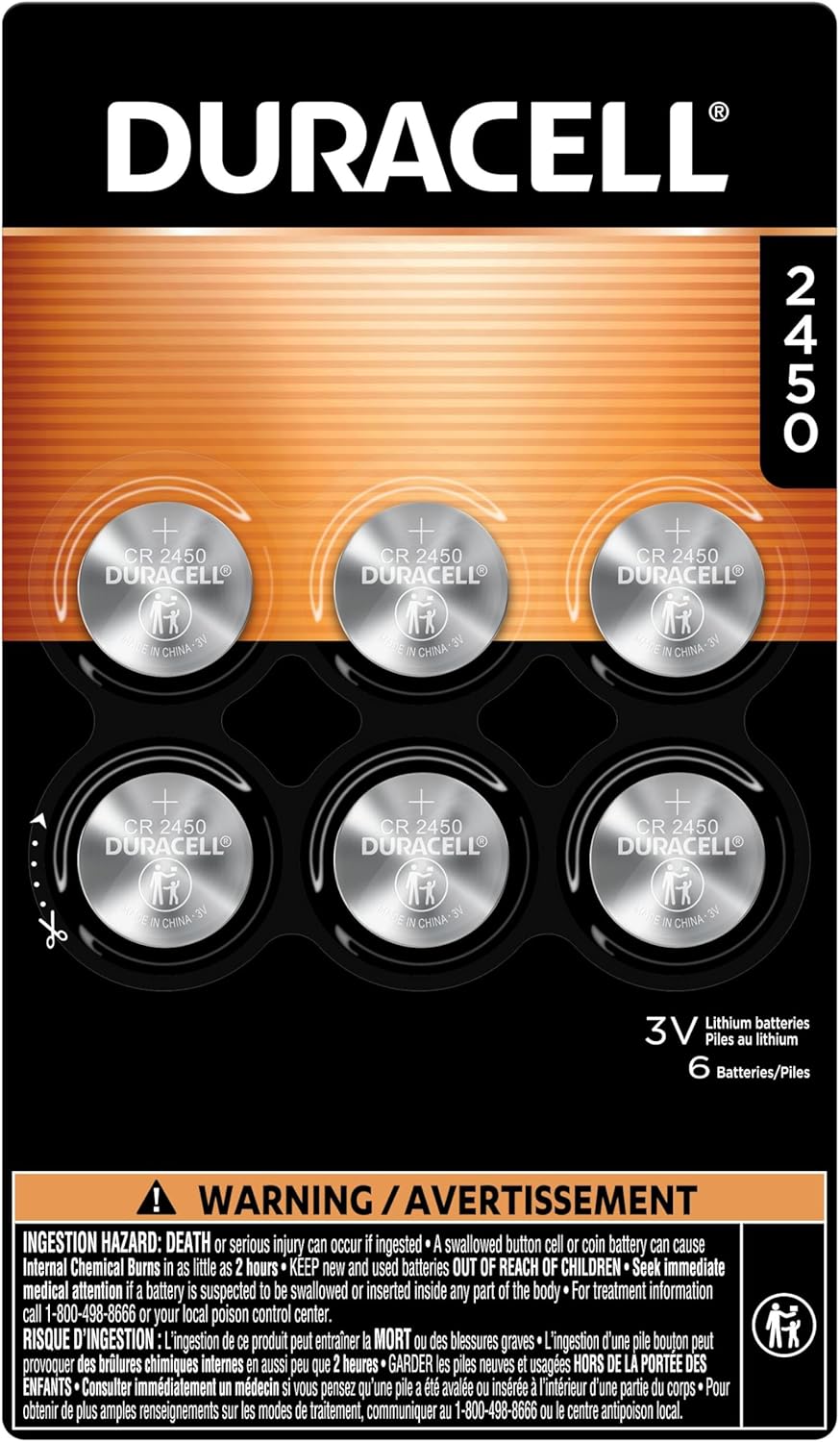 Duracell 2450 Lithium Battery, 6 Count (Pack of 1) Lithium Coin Battery for Key Fob, Car Remote, Watch Battery, and Other Devices, CR2450 Lithium 3 Volt (3V) Cell