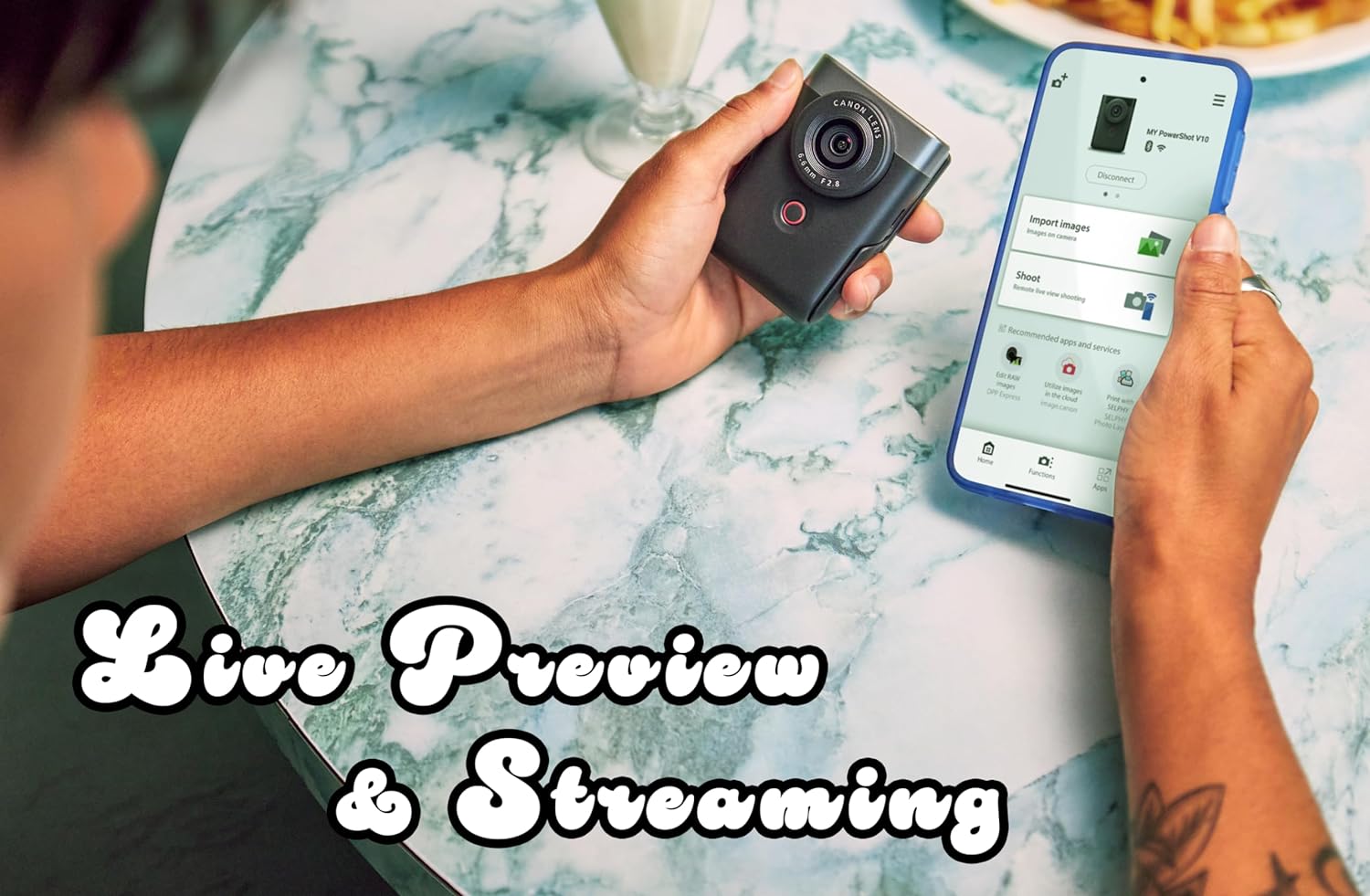 Canon PowerShot V10 Camera, Content Creator Compact Vlog Camera, Fixed 19mm Wide-Angle Lens, 4K Video, Face Detection, Built-in Microphone, Live Streaming, Vlogging, Built-in Stand, Silver