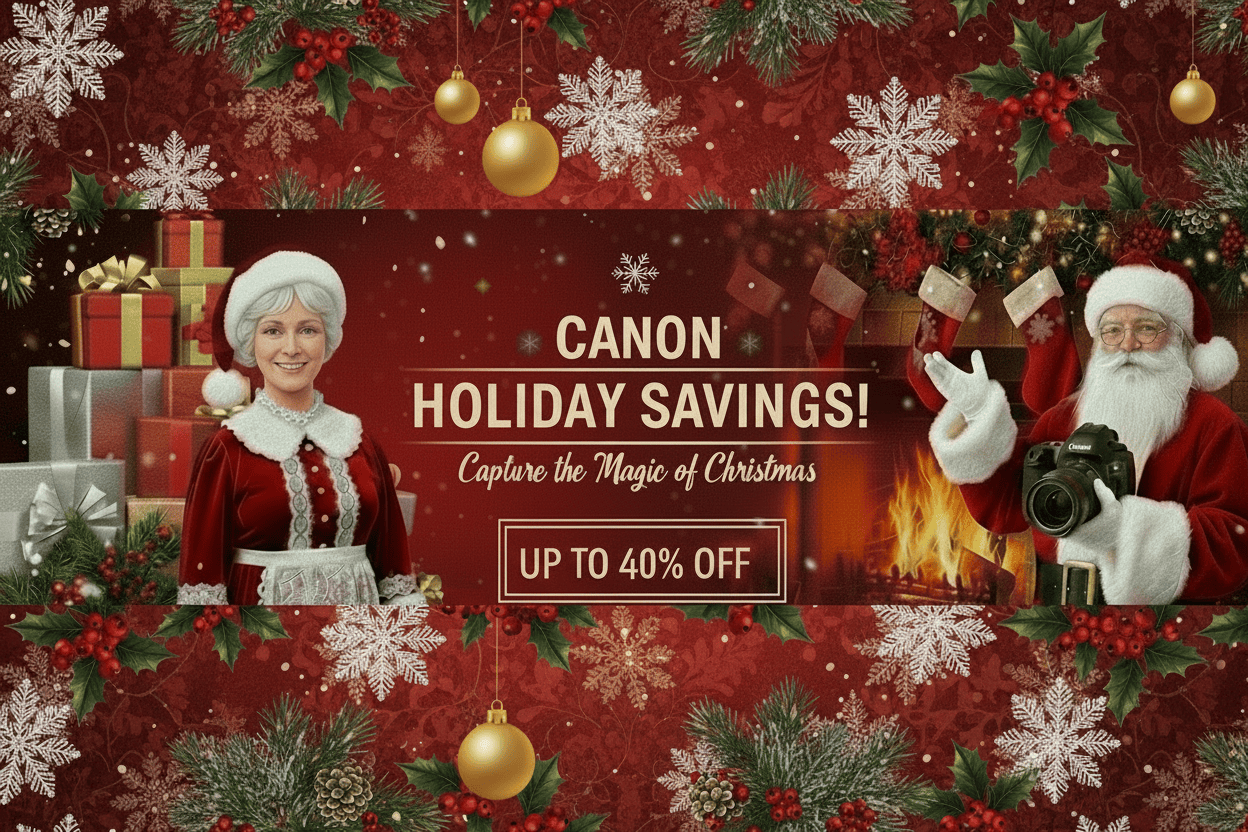 canon holiday savings promo filled with cameras git boxes santa red and glitter and a ire. Format should be width 3x height