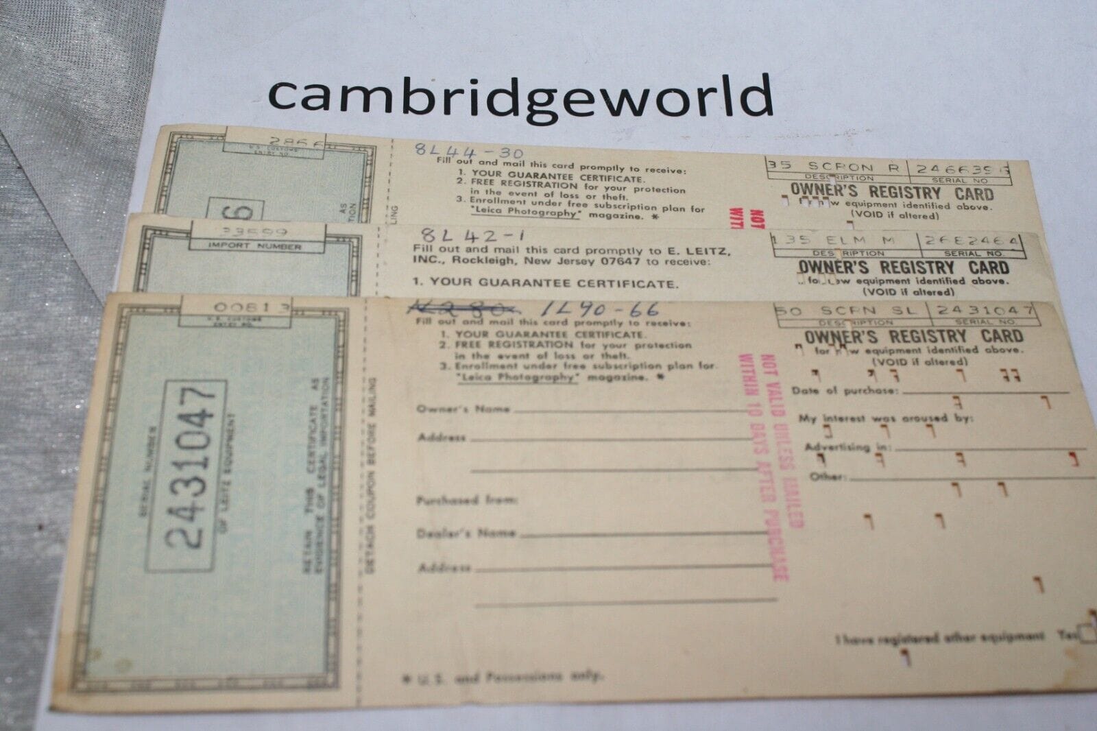 Leica Cameras & Photo:Film Photography:Other Film Photography Leitz Leica owner's registry cards UNFILLED 3 PC NEW OLD TYPE w/ SERIAL NUMBERS