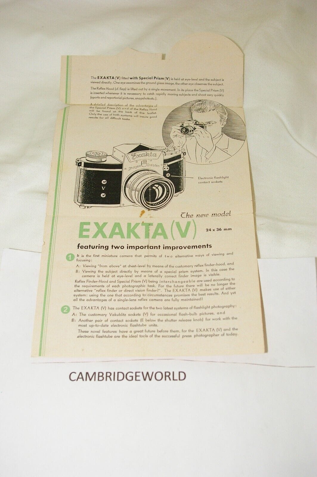 Olympus Books & Magazines:Books ONE PAGE SPECIAL WITH FLIP TOP EXAKTA V  FINDER LEAFLET  BROSHUR NEW OLD STOCK