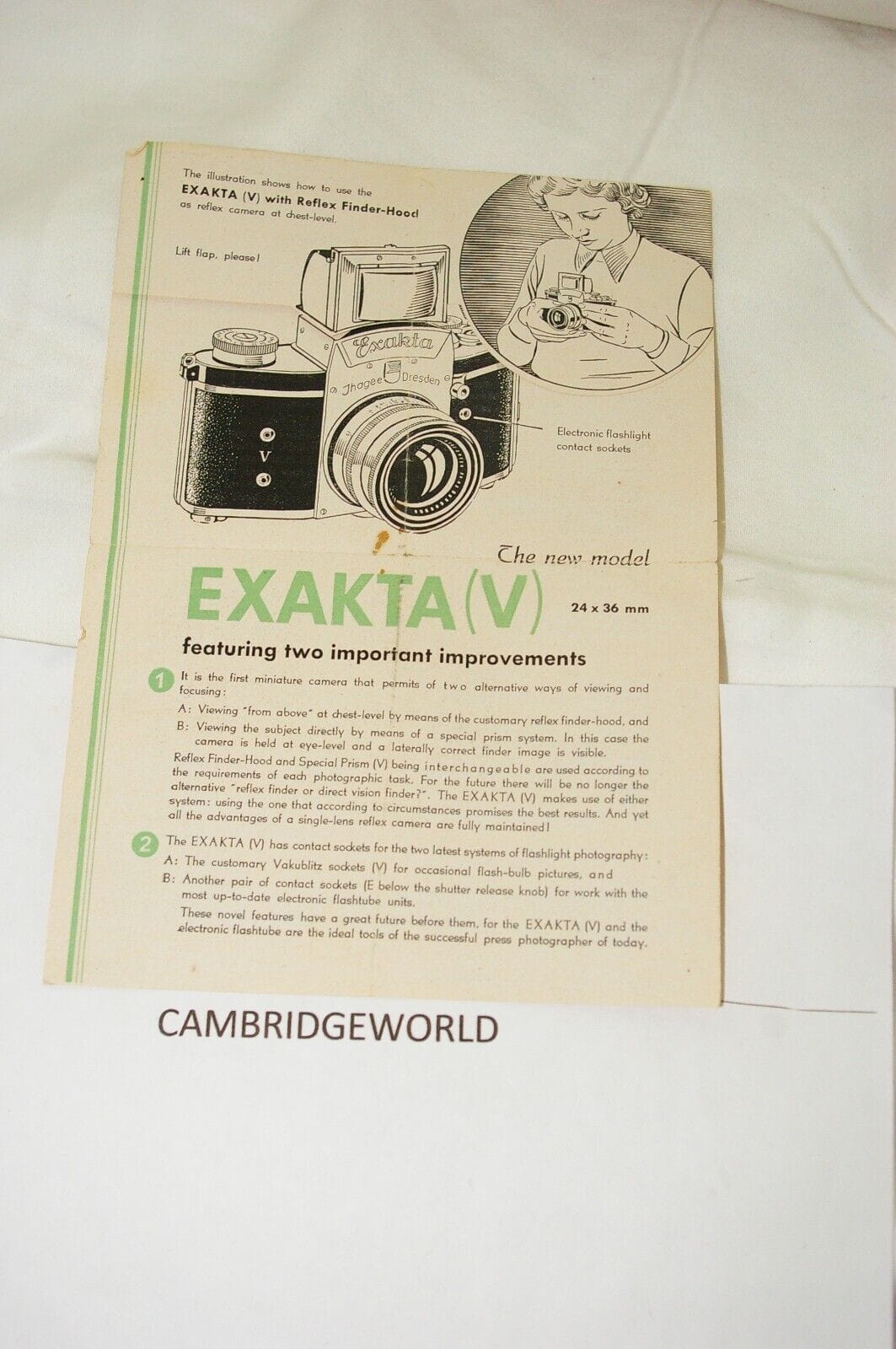 Olympus Books & Magazines:Books ONE PAGE SPECIAL WITH FLIP TOP EXAKTA V  FINDER LEAFLET  BROSHUR NEW OLD STOCK