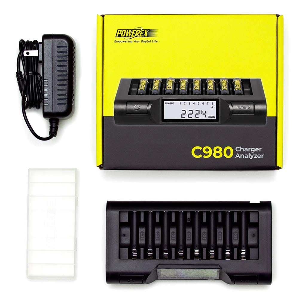 Powerex Powerex MH-C980 8-Cell Turbo Charger and Analyzer (New 2019 Model) with Powerex Accessory Padded Bag Travel Kit