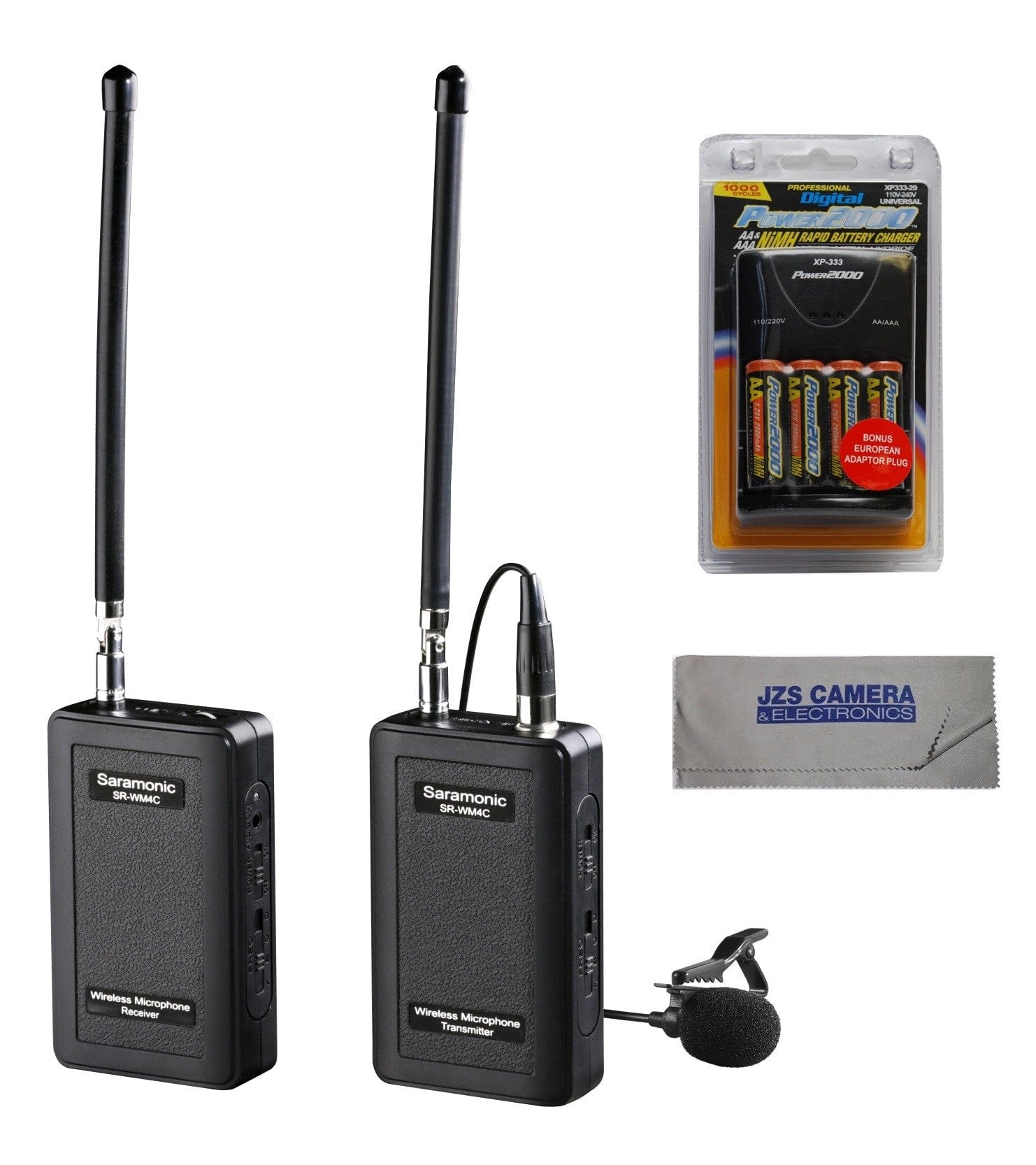 Saramonic Saramonic SR-WM4C Wireless 4-Channel VHF Lavalier Omnidirectional Microphone System Kit with VidPro Rapid Battery Charger, 4 Rechargeable AA Batteries, & Cleaning Cloth
