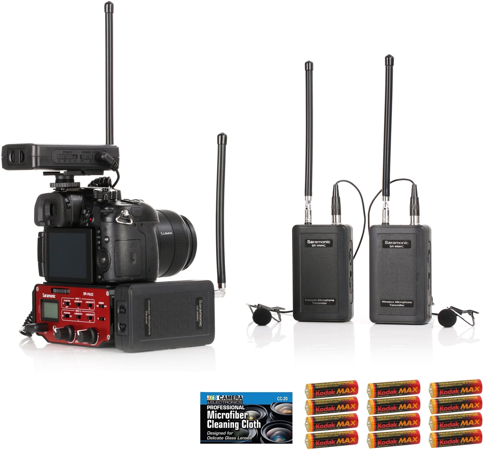Saramonic Saramonic SR-WM4C Wireless VHF Dual Lavalier System Kit with SR-PAX2 Mixer, 12 AA Batteries, and Cleaning Cloth