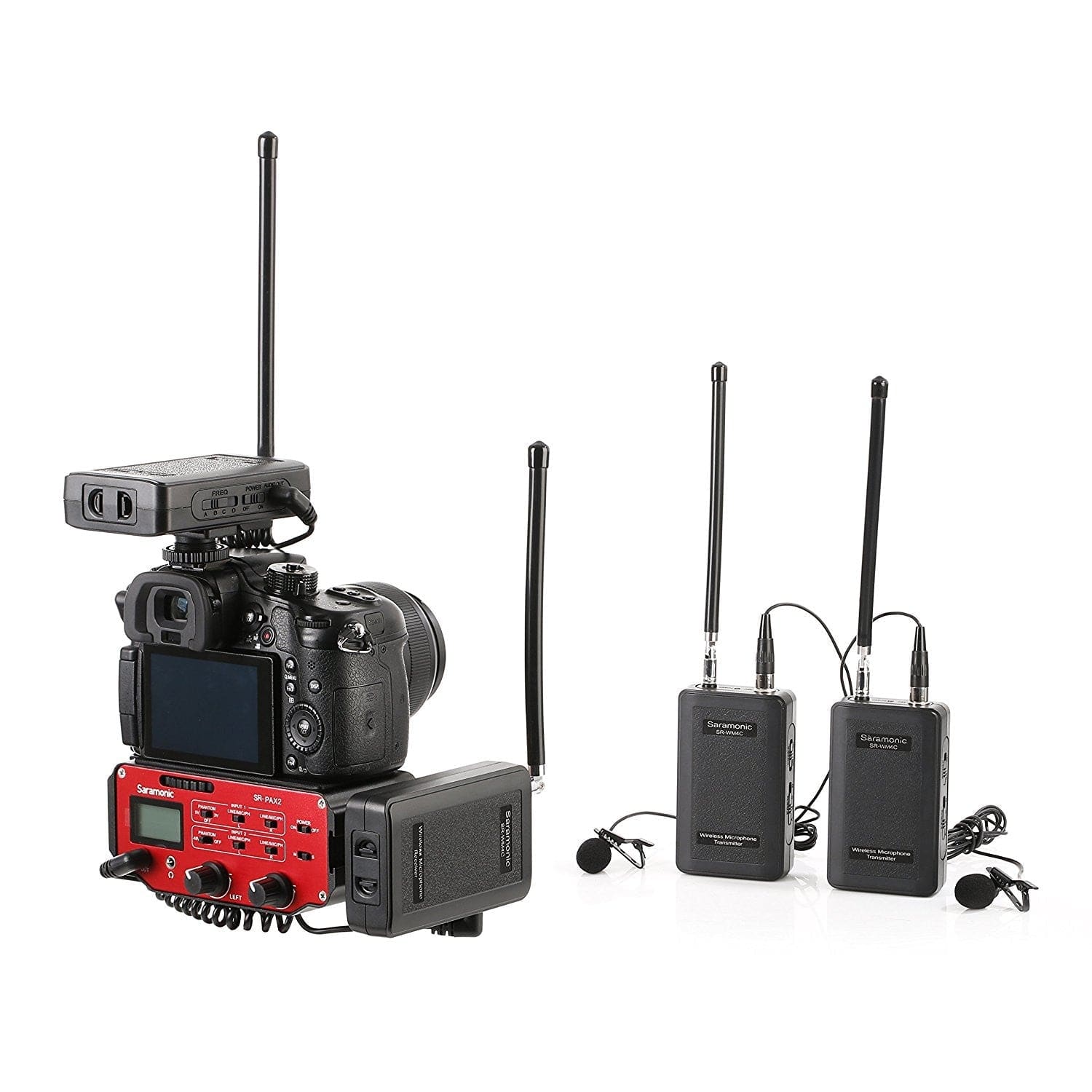 Saramonic Saramonic Two SR-WM4C Wireless VHF Dual Lav Systems, SR-PAX2 Premium Audio Mixer, Microfiber Cleaning Cloth, and 6 AA Batteries