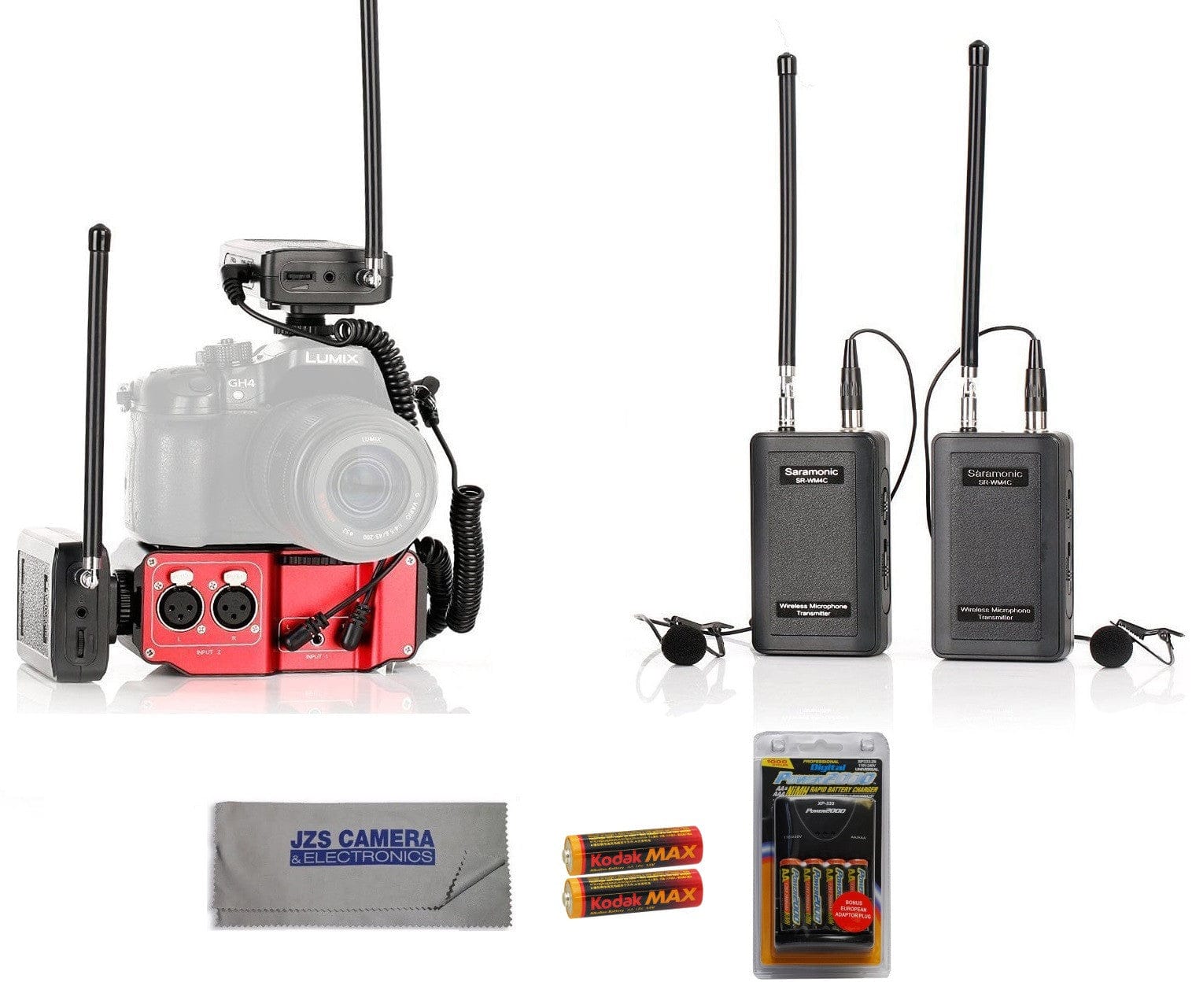 Saramonic Saramonic Two SR-WM4C Wireless VHF Dual Lav Systems, SR-PAX2 Premium Audio Mixer, Microfiber Cleaning Cloth, Vidpro Battery Charger, & 4 AA Batteries