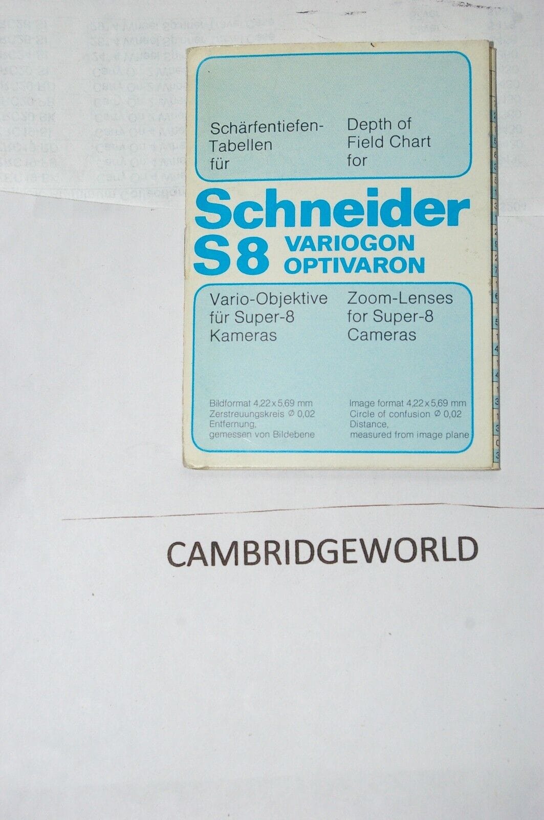 Schneider Optics Cameras & Photo:Lenses & Filters:Lenses SCHNEIDER KREUZNACH S8 VARIOGON OPTIVARON ZOOM LENS DEPTH OF FIELD CHART